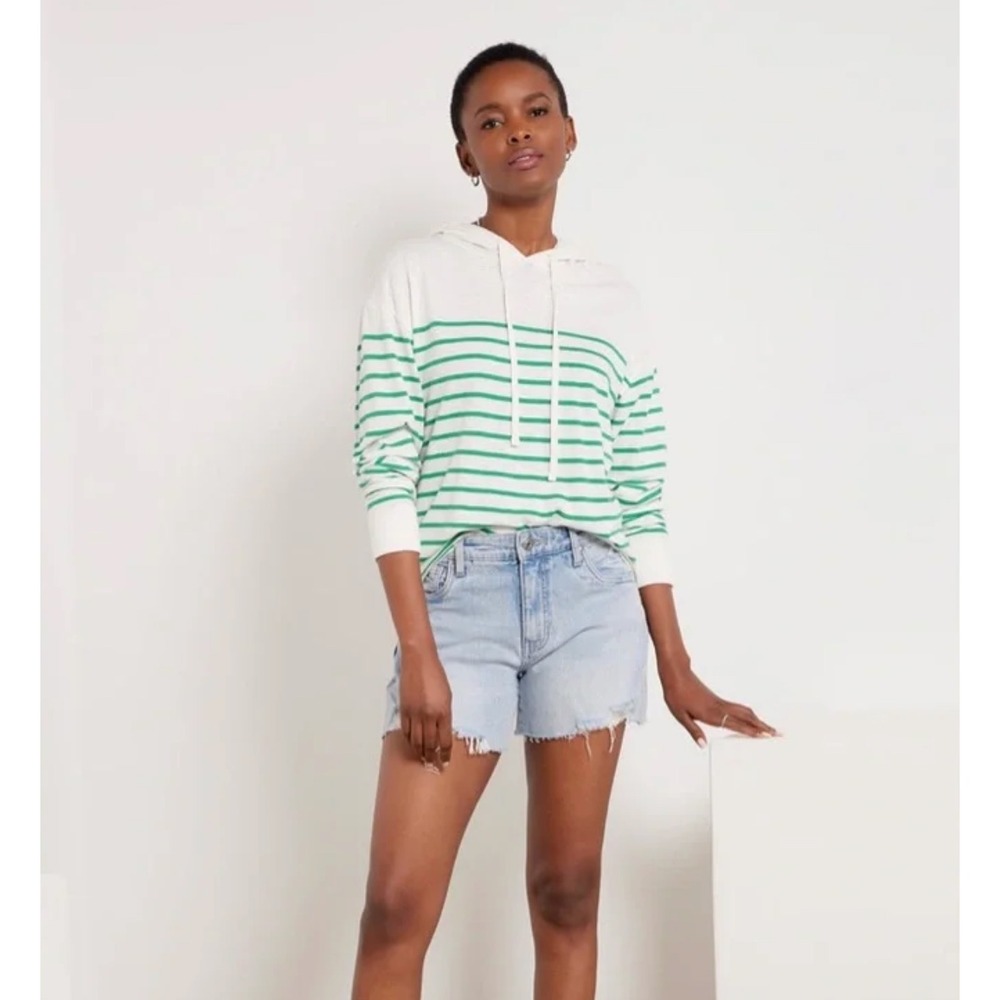 Evereve Womens XS Green White Striped Hooded Long Sleeve Top Cotton Modal Blend